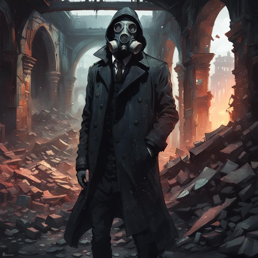 Figure in Gas Mask Amidst Ruins: Digital Art