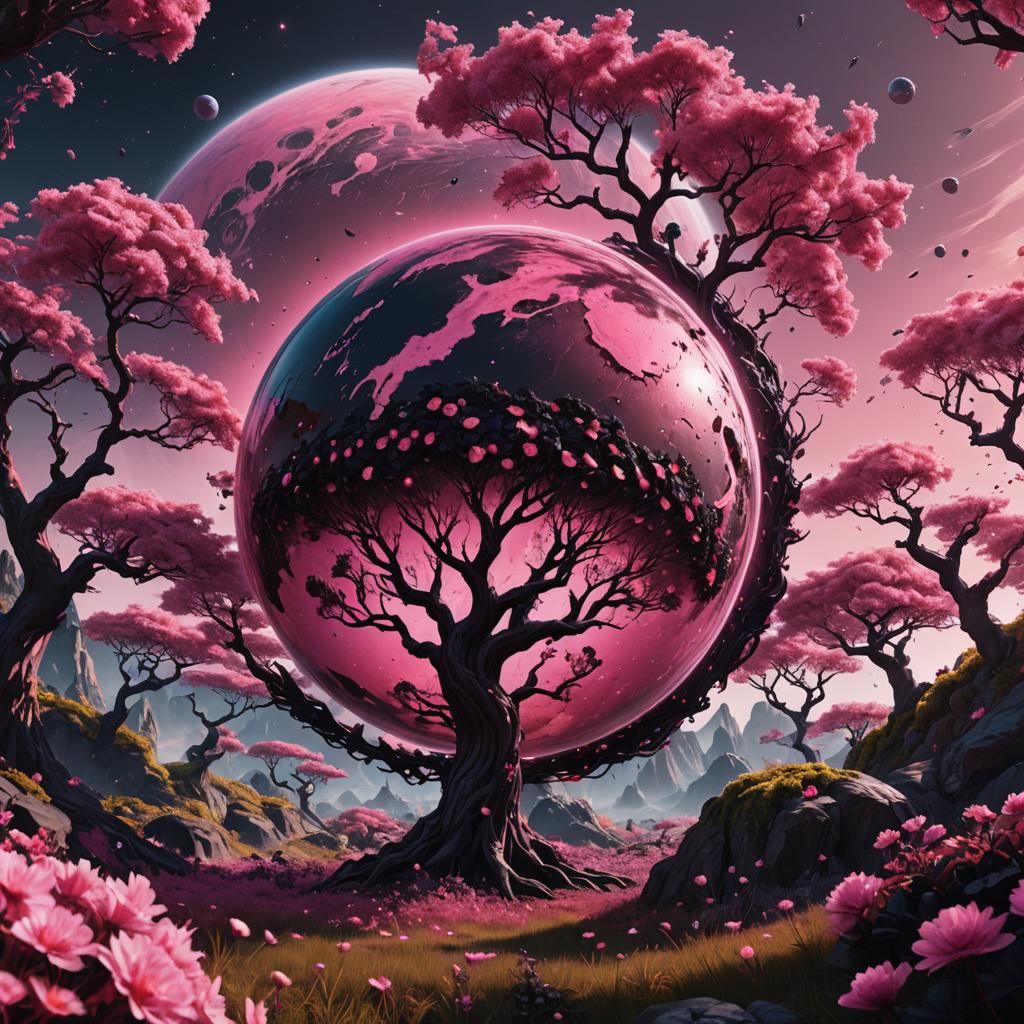 Fantastical Pink Planet with Black-Pink Tree, Detailed Matte...
