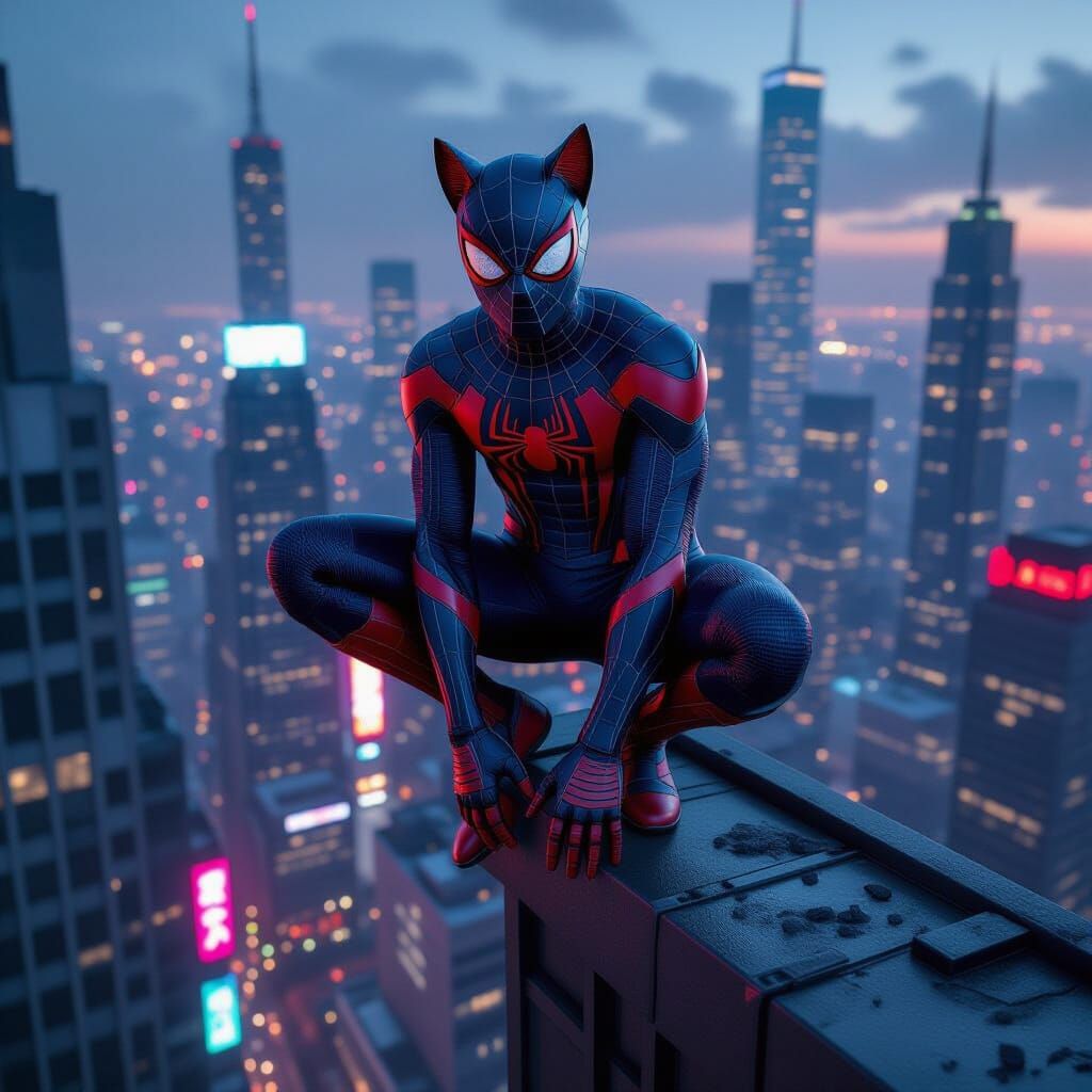 Spider-Cat Overlooking Neon Cityscape in Hyperrealism