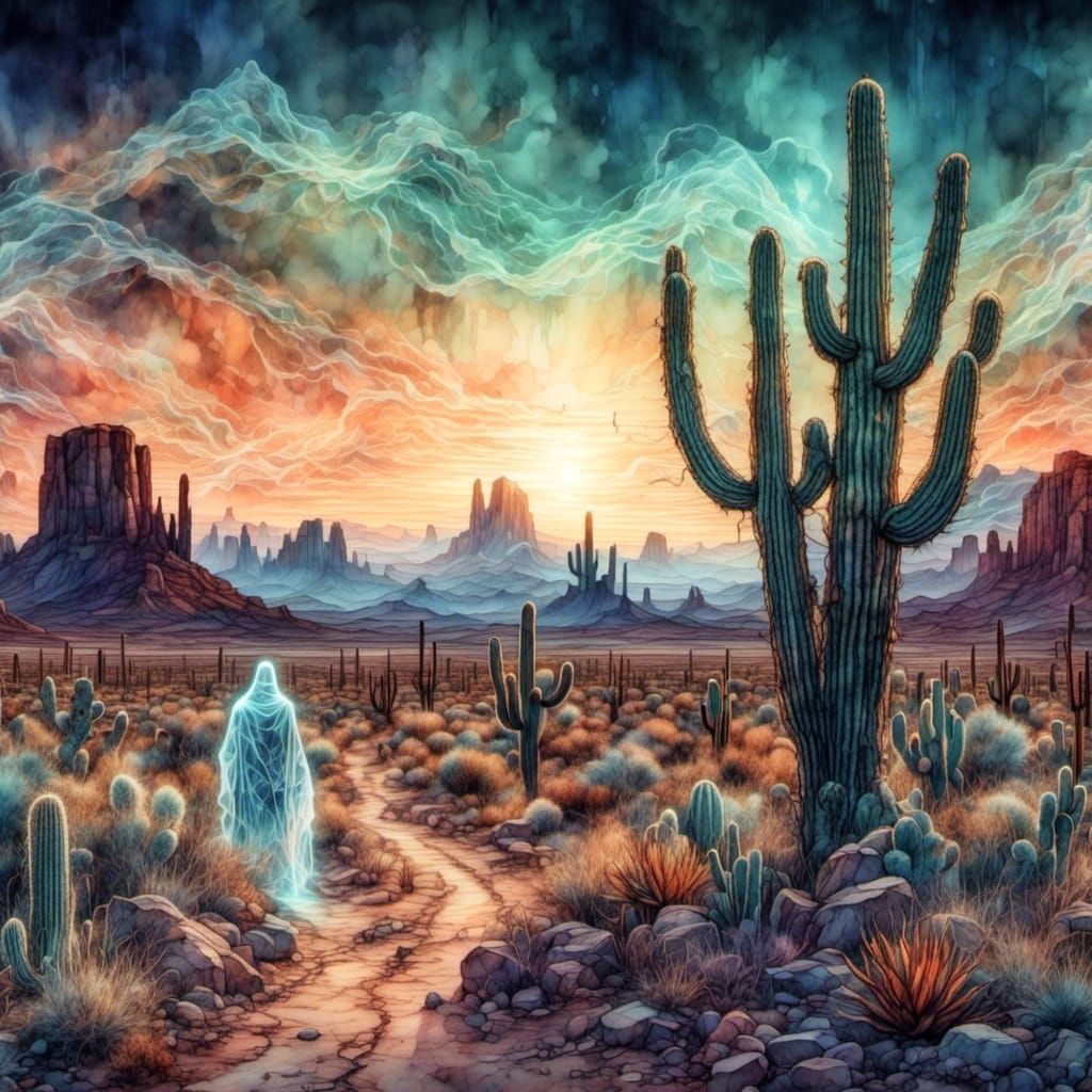 Twilight Miner Ghost in Desert Landscape