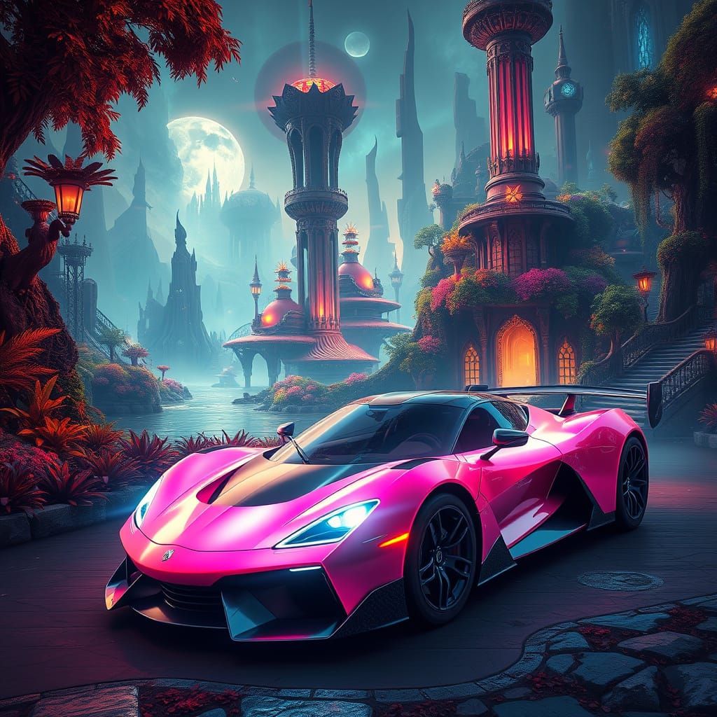 Ethereal Sports Car in Dreamlike Landscape
