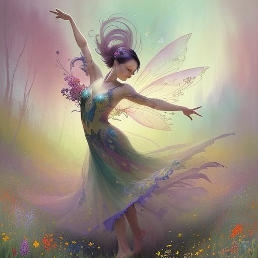 Dancing Fairy in Wildflowers, Watercolor Art