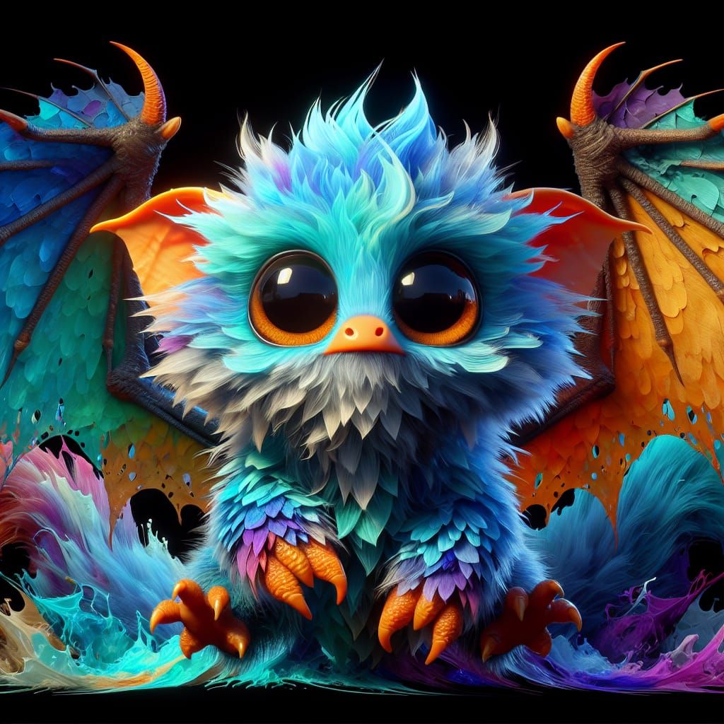Cute Fluffy Dragon with Cyan Wings, 3D Render