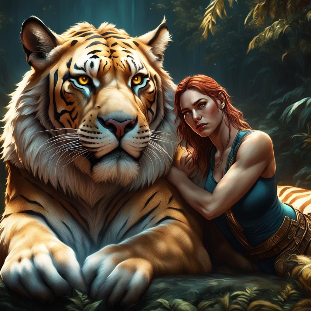 Girl Cuddling Liger Hybrid in Detailed Matte Painting