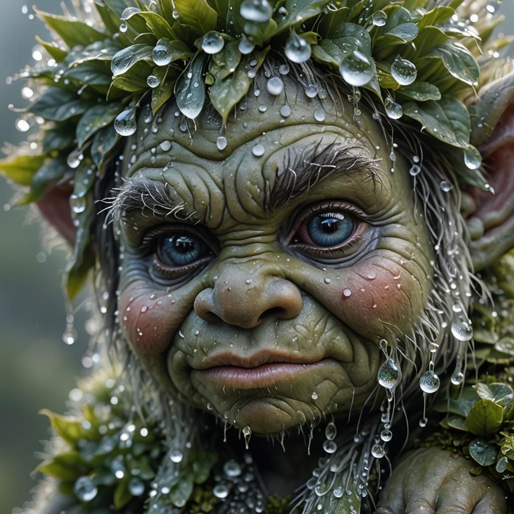 Baby Norwegian Troll with Dewdrops, Macro Shot
