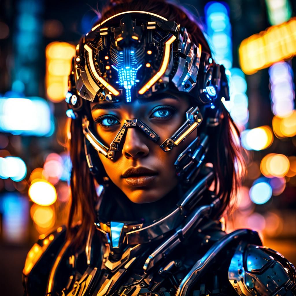 Cyborg Girl in Neon City Nighttime Landscape