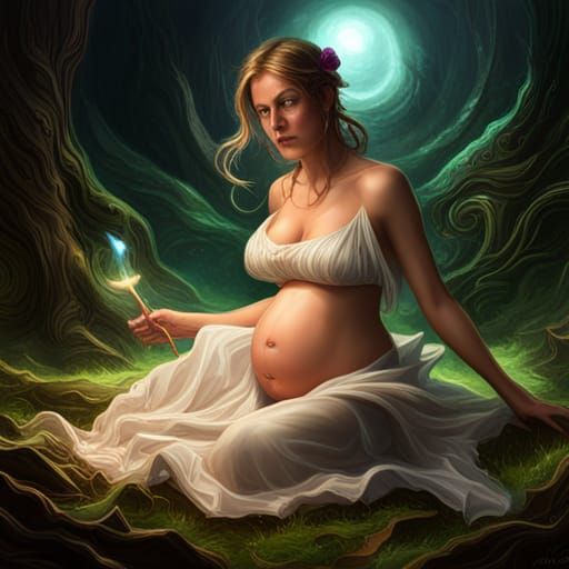 Magical Pregnant Woman with Fairy: Dark Fantasy Art