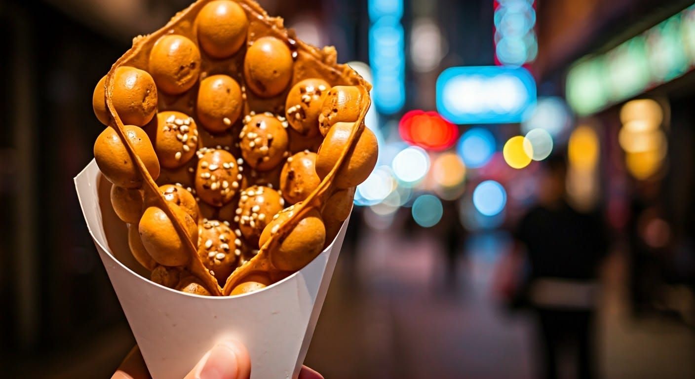 Hong Kong Street Food: Steaming Egg Waffles in Impressionist...