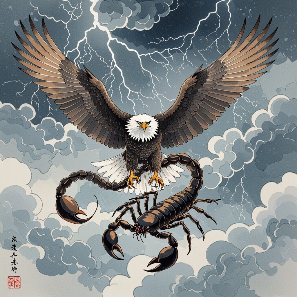 Yin-Yang Eagle and Scorpion in Tattoo Style