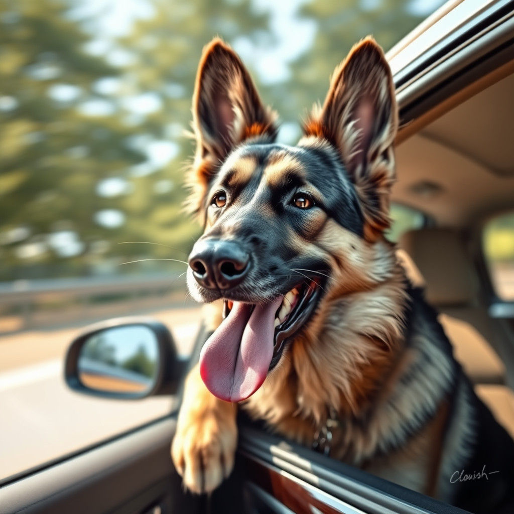 Joyful German Shepherd in Car: Hyper-Realistic Digital Art