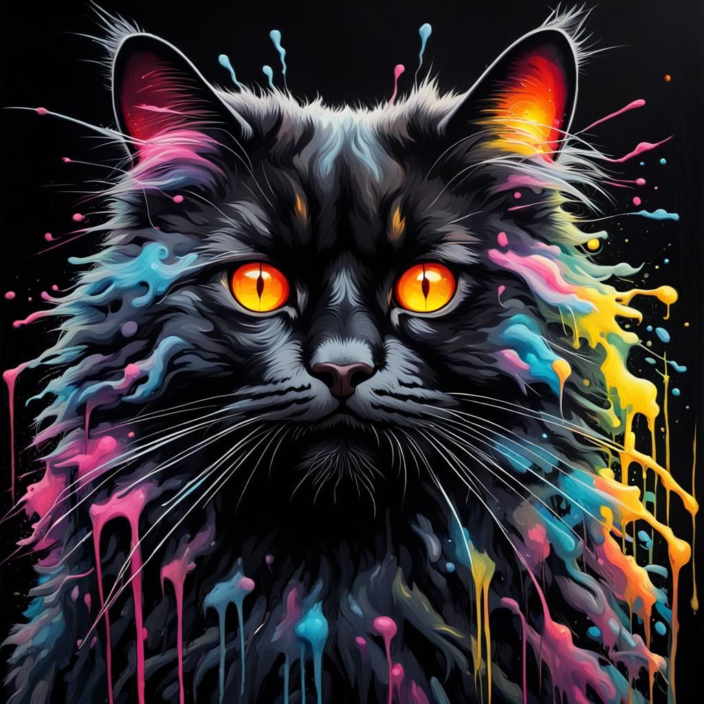 Fluffy Black Cat with Glowing Eyes in Graffiti Art
