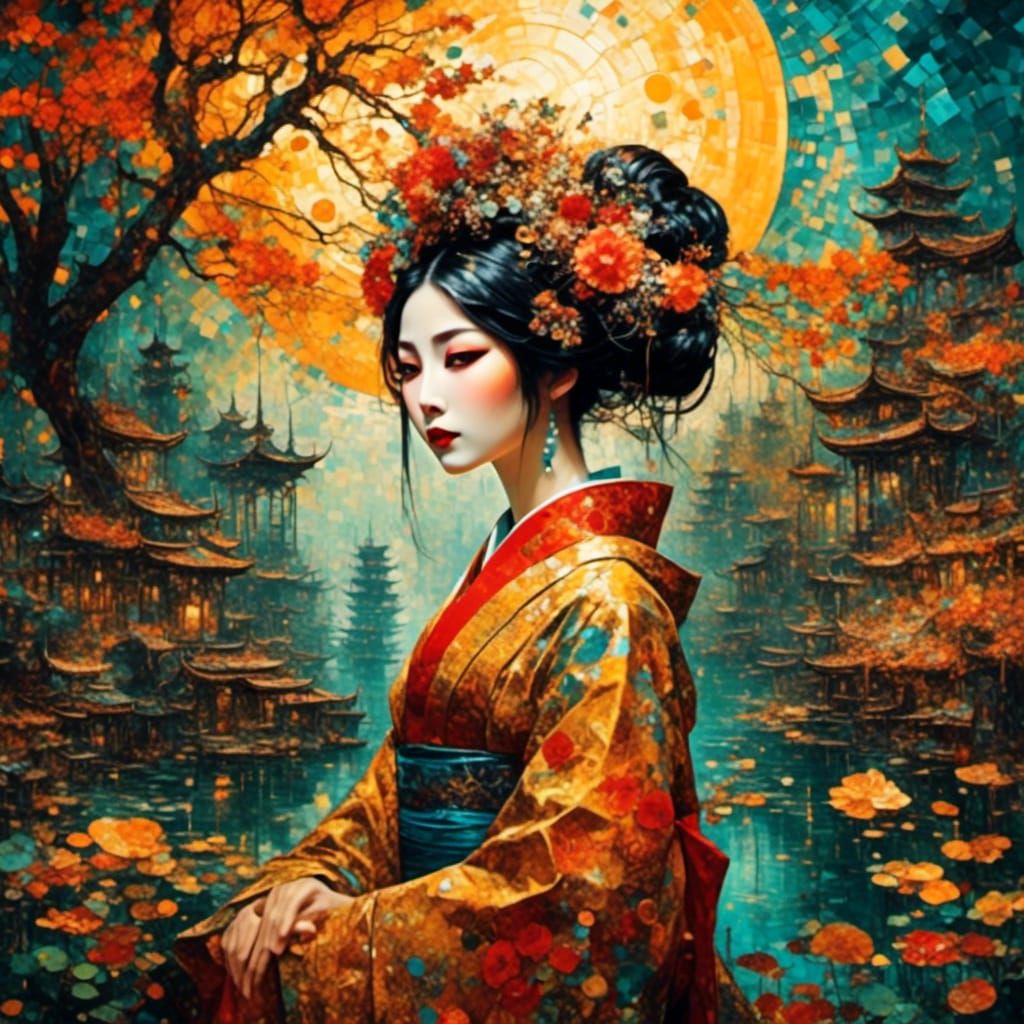 Geisha in Water Garden with Tile Sunshine