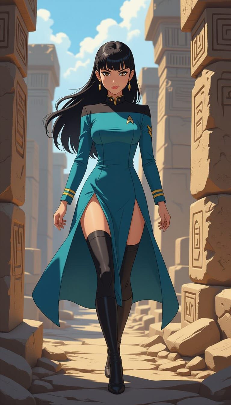 Animated Female Spock Explores Futuristic Ruins
