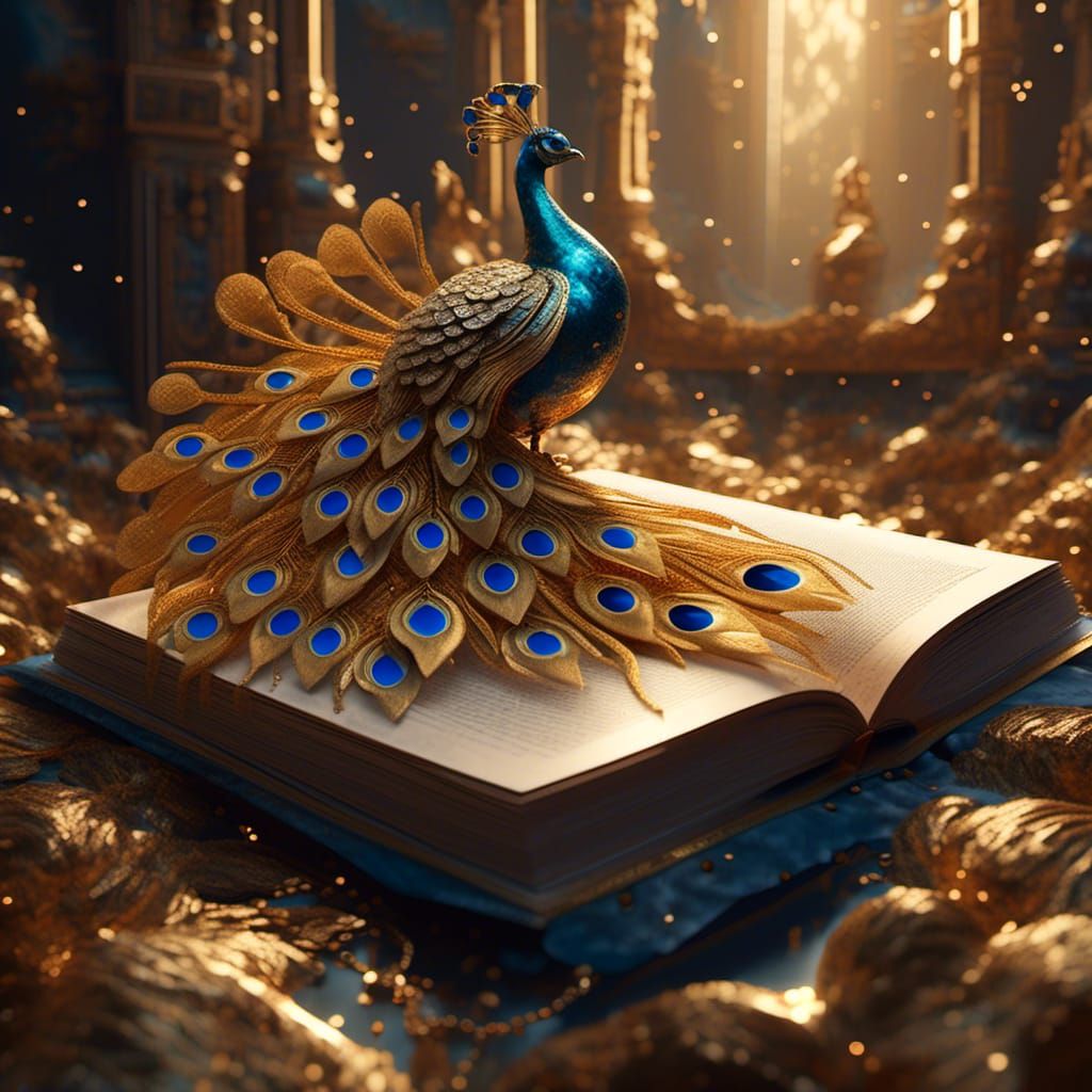 Golden Peacock Emerges from Book: Fantasy Concept Art