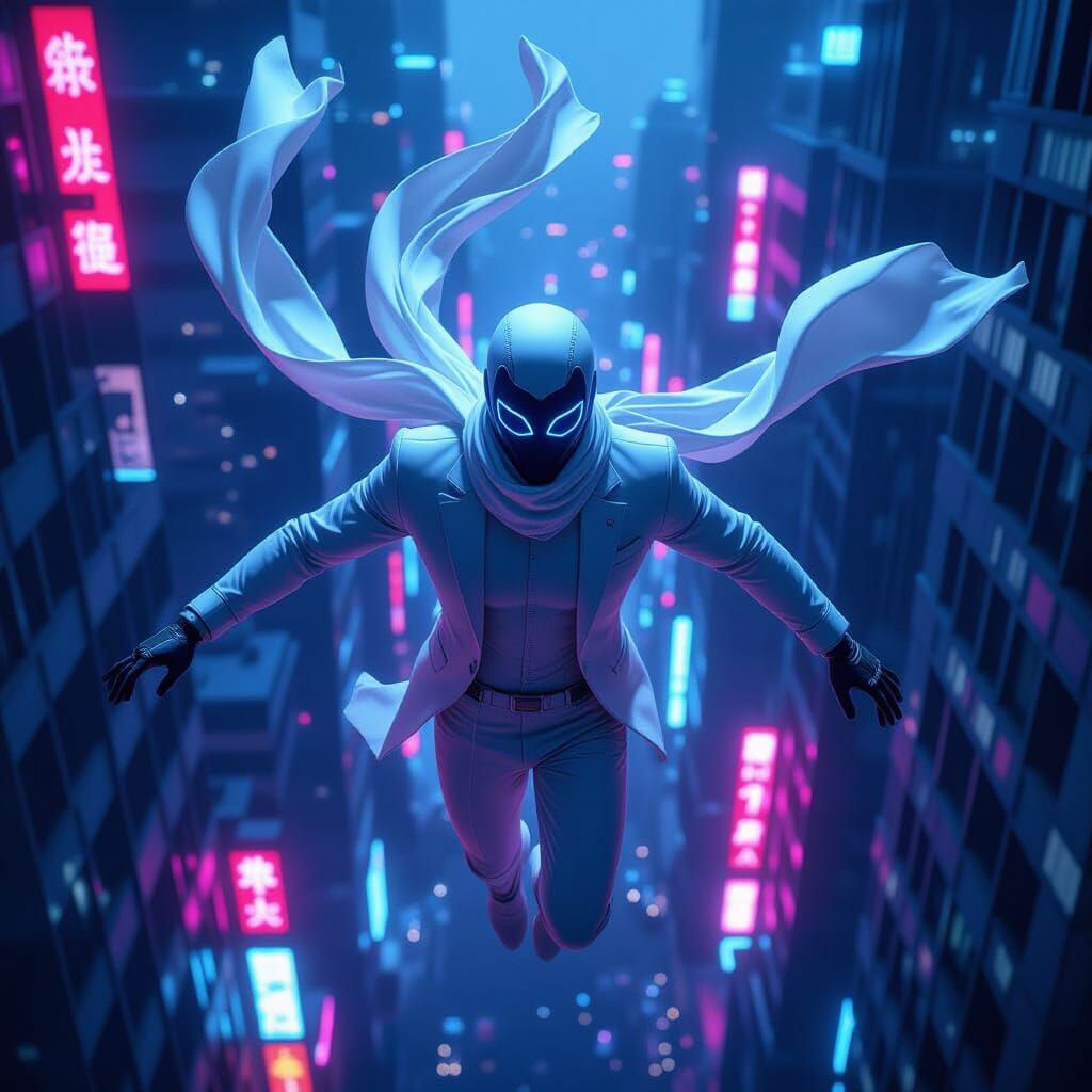 Cyberpunk Hero in Neon City, Dynamic Flight Pose