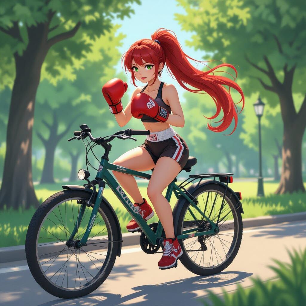Japanese Woman Boxer Rides Bicycle in Park, Anime Style