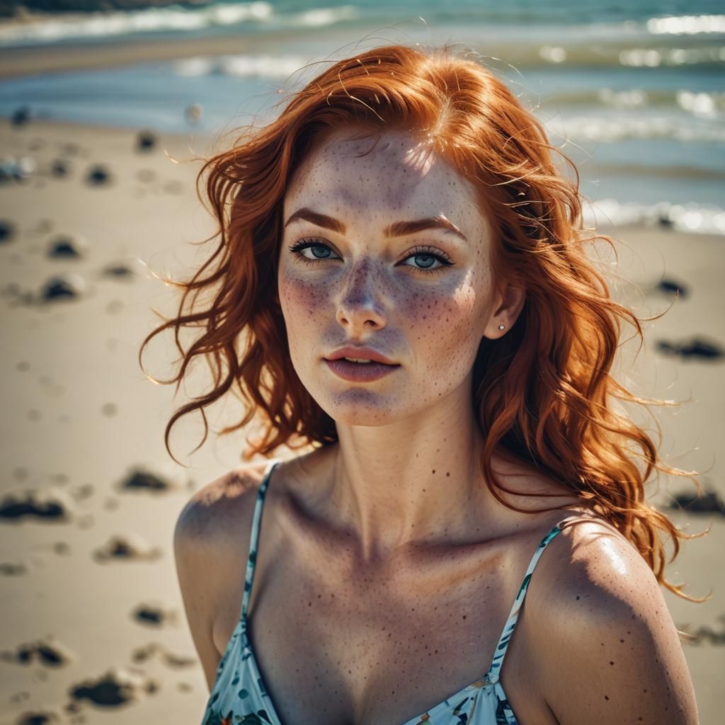 Redhead Pin-Up Girl Portrait on Sunny Beach