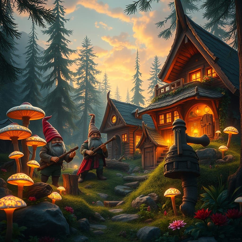 Gnomes in Whimsical Forest Habitats, Illuminated by Iridesce...