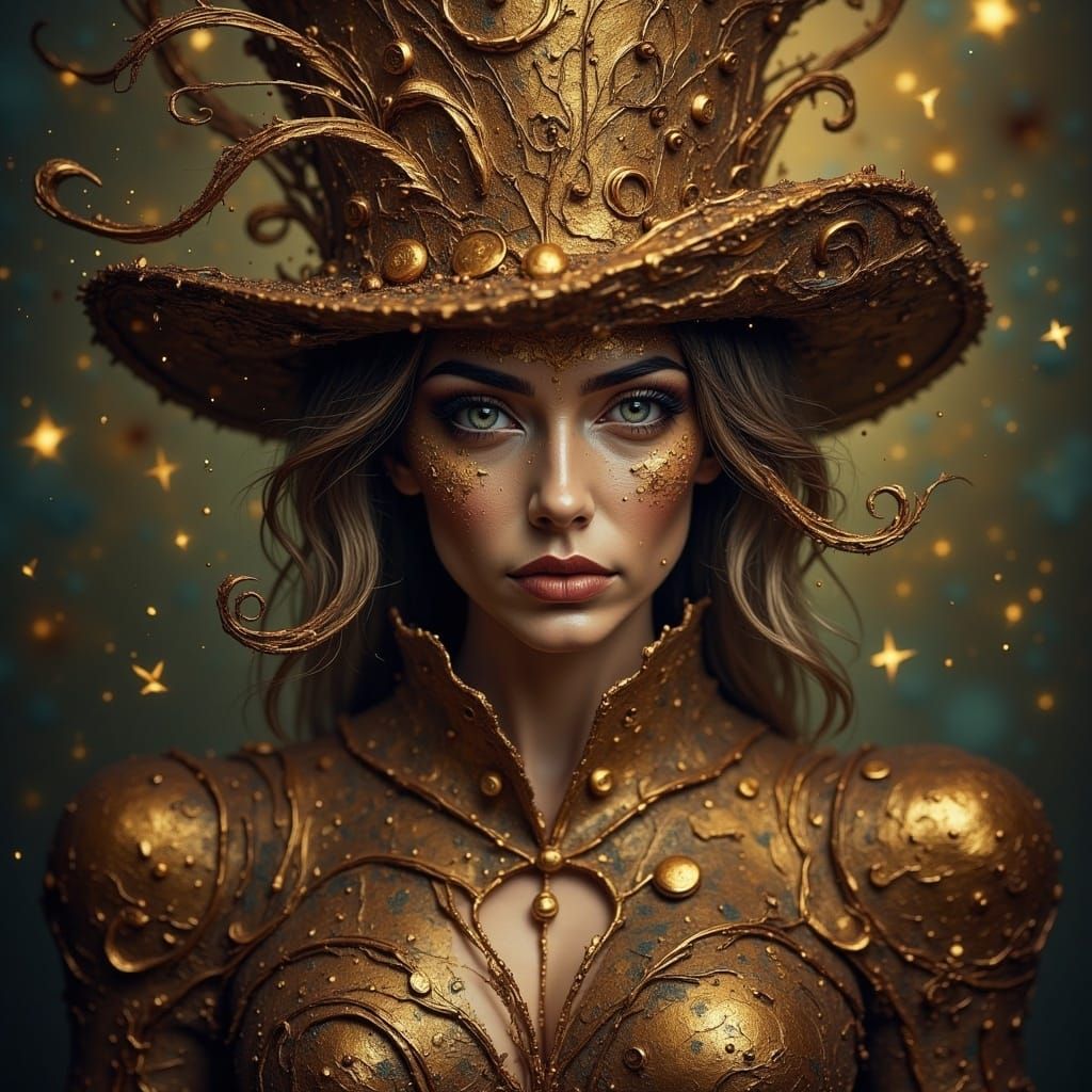 Une femme <lora:TexturedFlux:1.0> portant un chapeau dramatique et surdimensionné qui devient le point central de la scè...