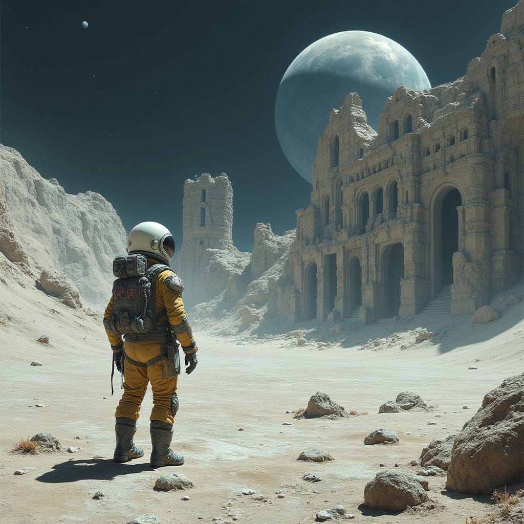 Astronaut Discovers Ancient Lunar City in Futuristic Style