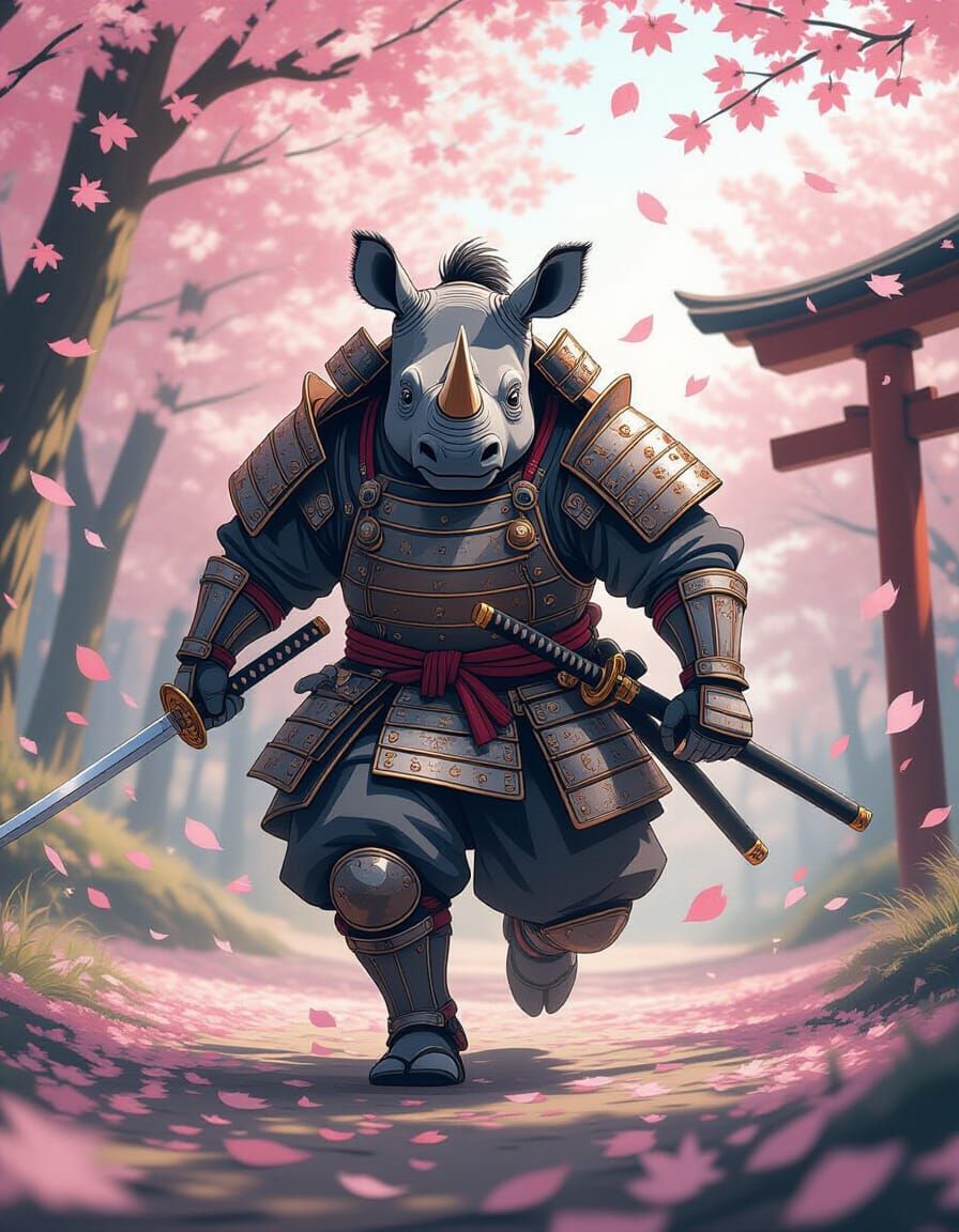 Epic Rhino Samurai in Cel-Shaded Anime Style