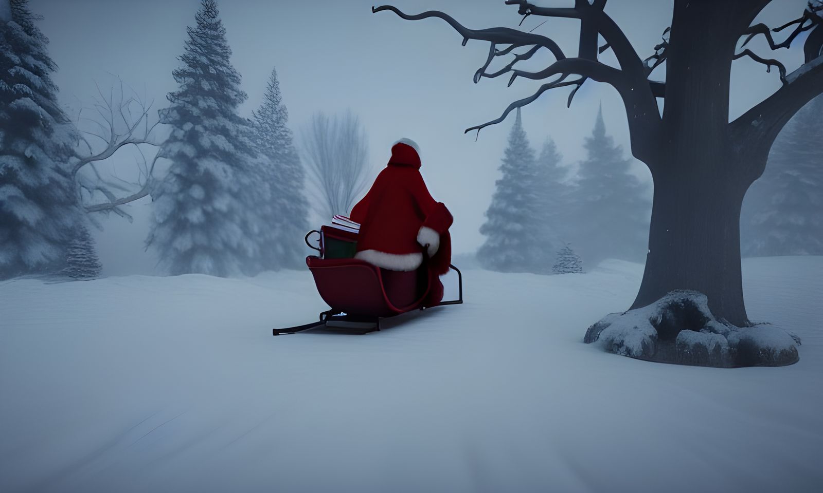 Creepy Santa Flies Over Snowy Town: Hyperrealism