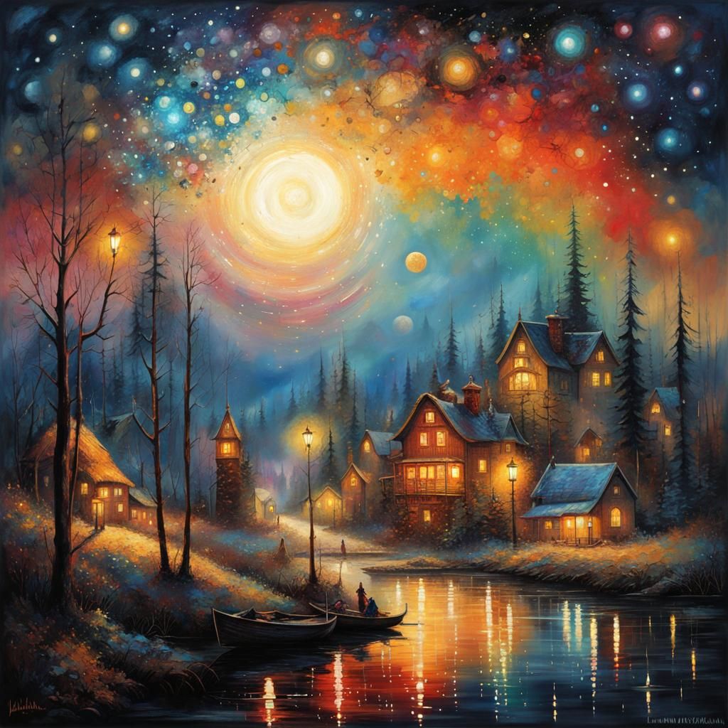 Surreal Night Scene in Vibrant Dot Drawing Style