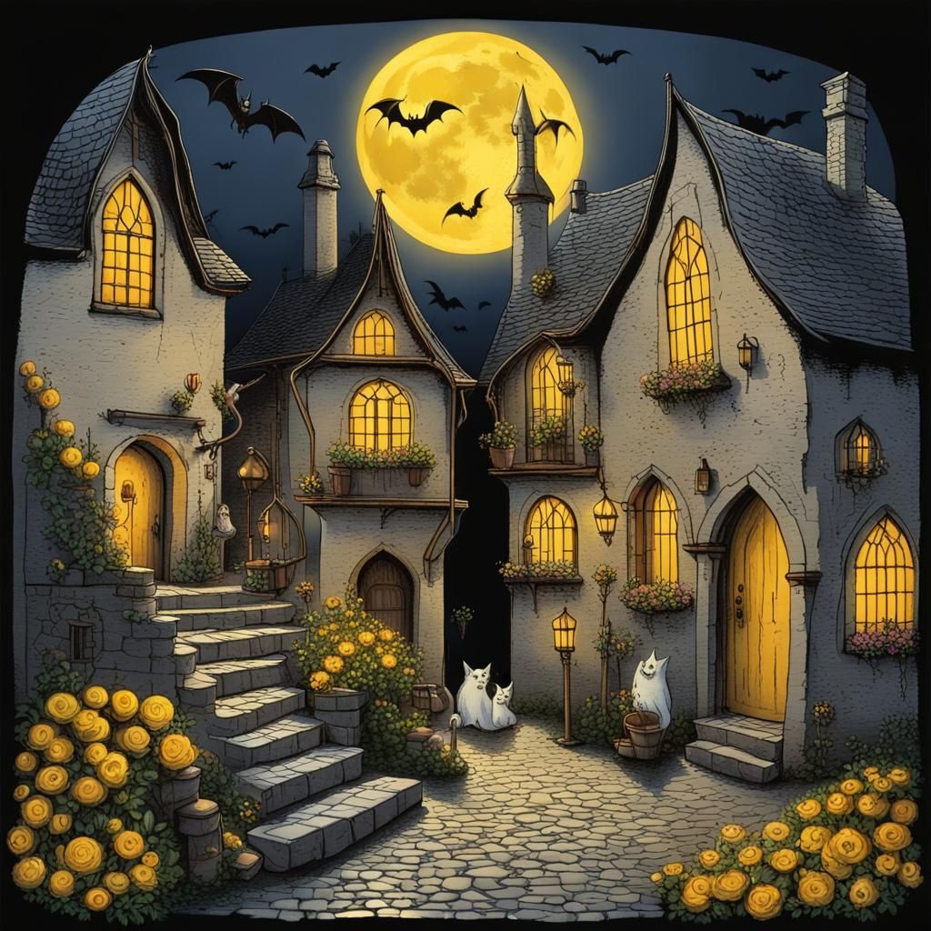 Ghosts in Gothic Village Under Moonlight