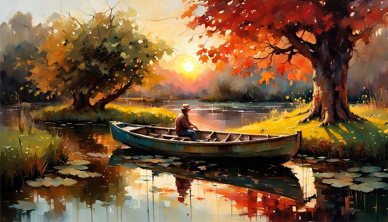 Maple Tree and Pond at Sunset: Detailed Painting