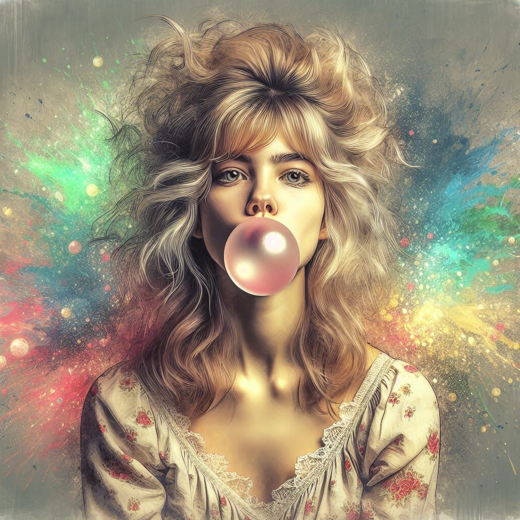 Romantic Portrait of Blonde Woman Blowing Bubble Gum