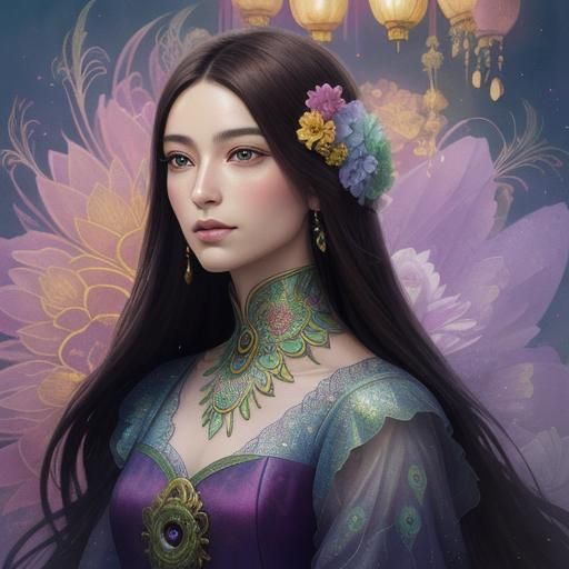 Ethereal Dragon Peacock Woman in Fantasy Artwork