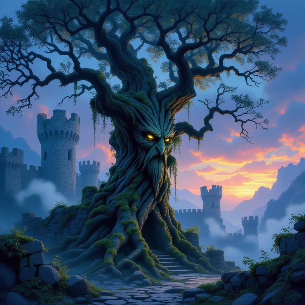 Ancient Tree Spirit Guards Ruined Castle at Twilight