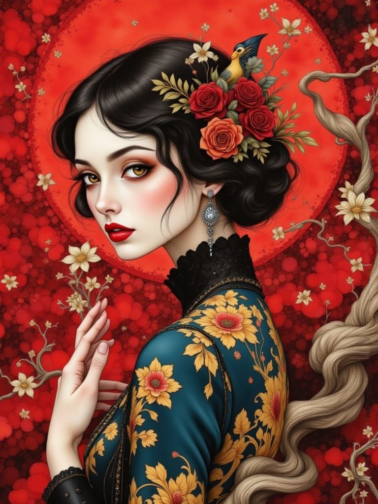 Surreal Nighttime Scene with Roses in Hair, Under a Crimson ...