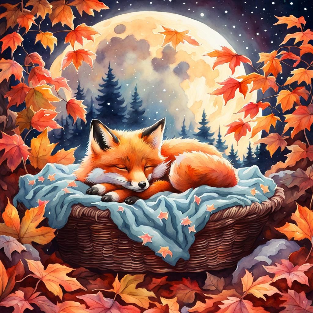 Watercolor of Sleeping Fox Under Starry Moon