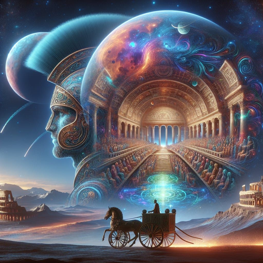 Generate a double exposure image combining a side profile portrait of a mixed-race male  roman gladiator on a chariot in...