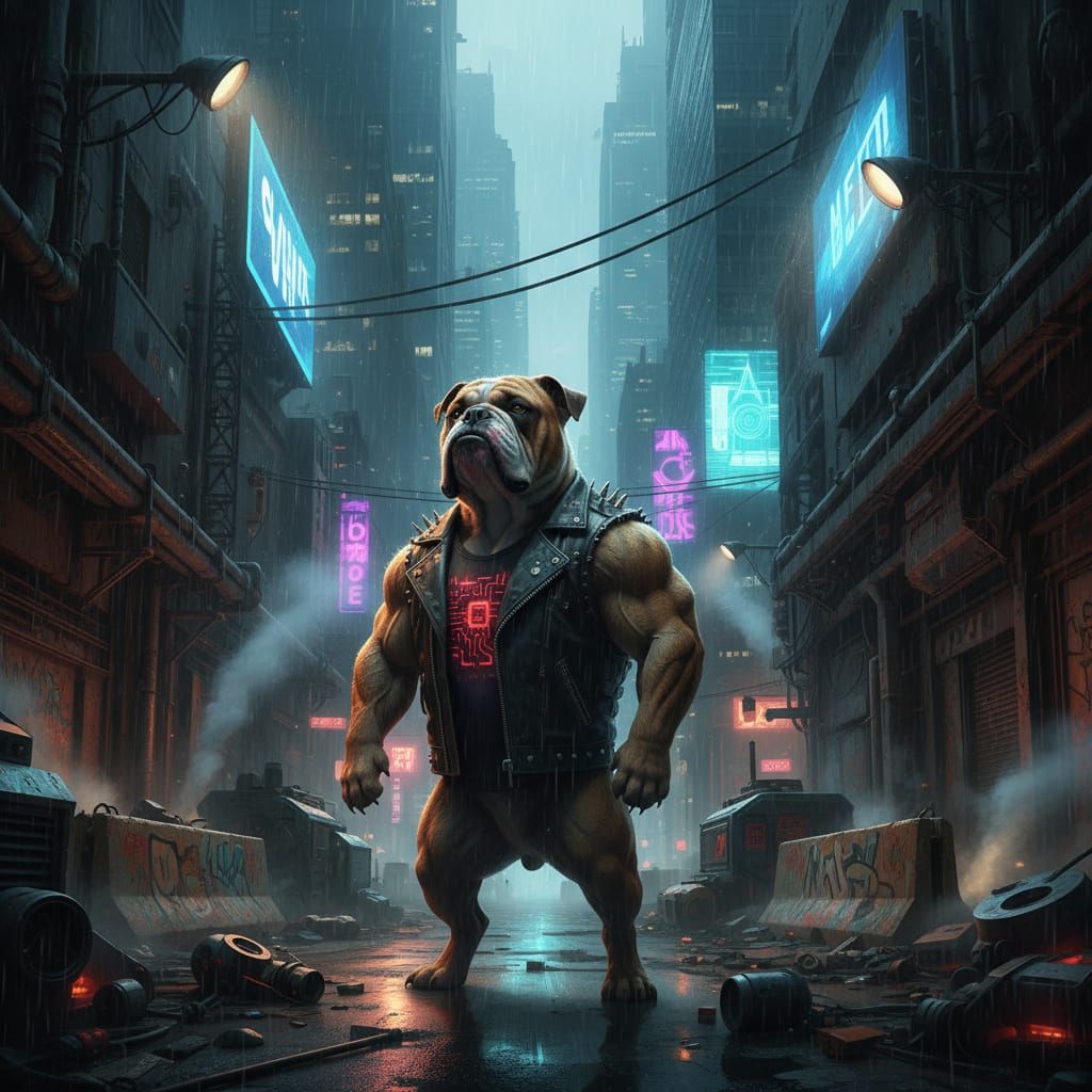 Muscular Dog in Leather Jacket in Cyberpunk Alley