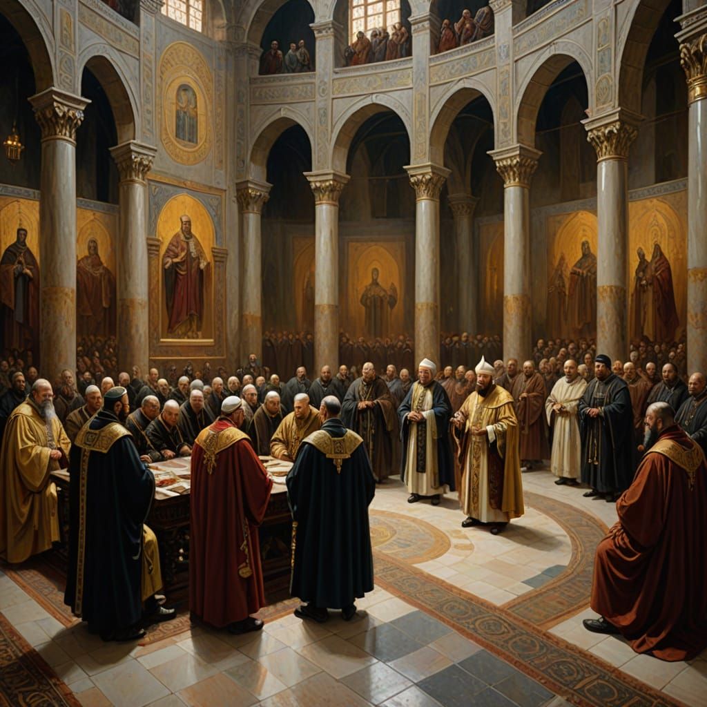 Oil Painting of Second Council of Constantinople Gathering