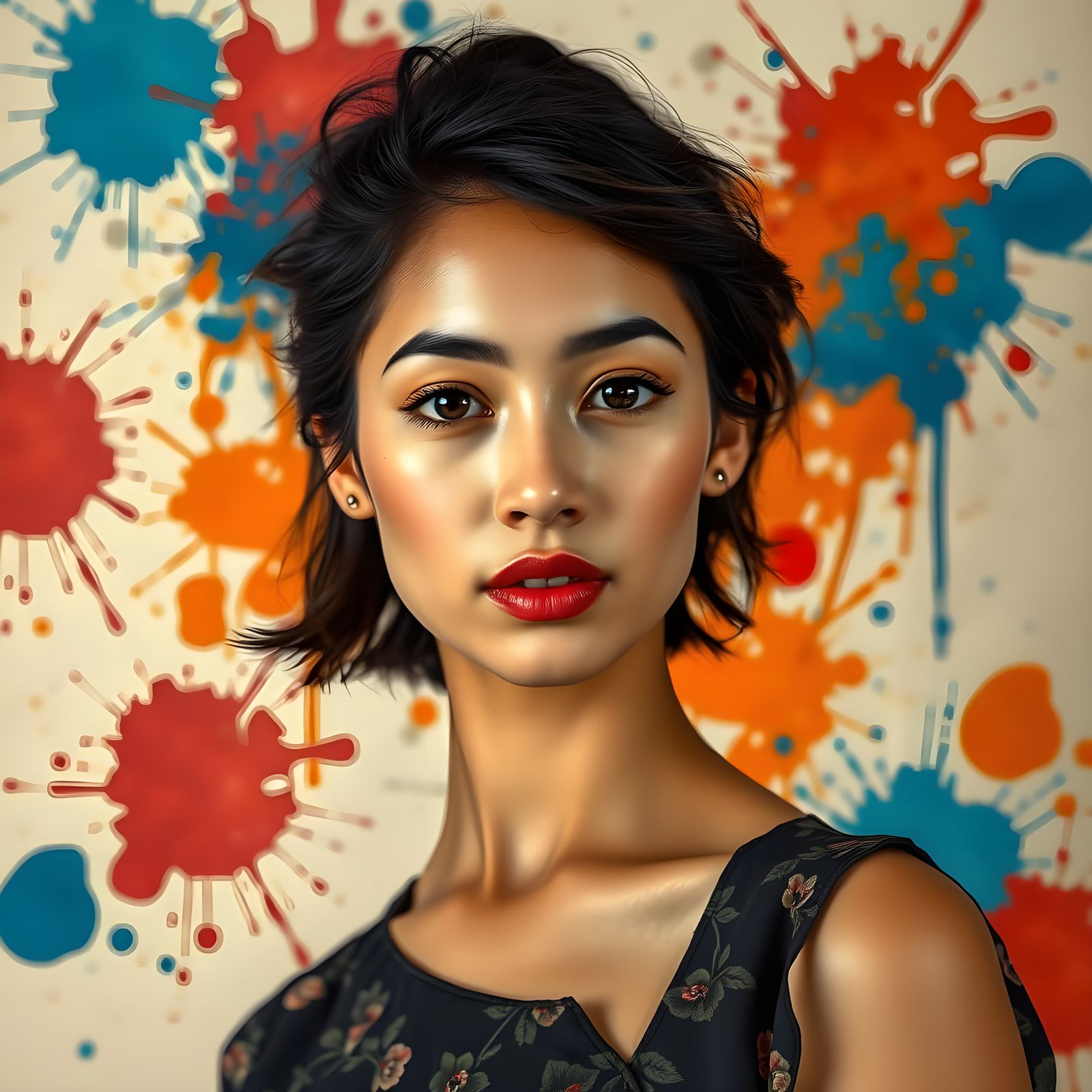 Vibrant Latina Goddess in Abstract Floral Backdrop