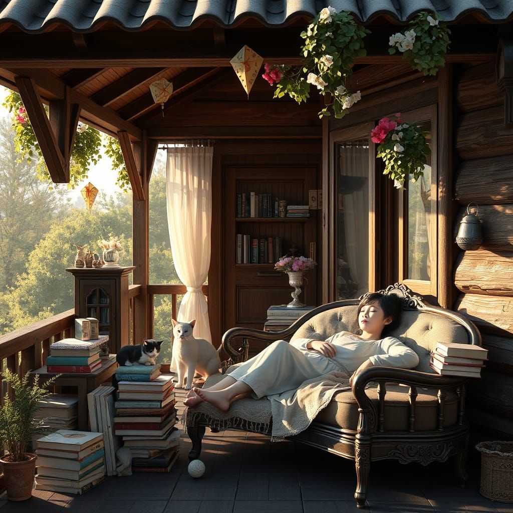 Girl on Terrace in Mucha Art Nouveau Style