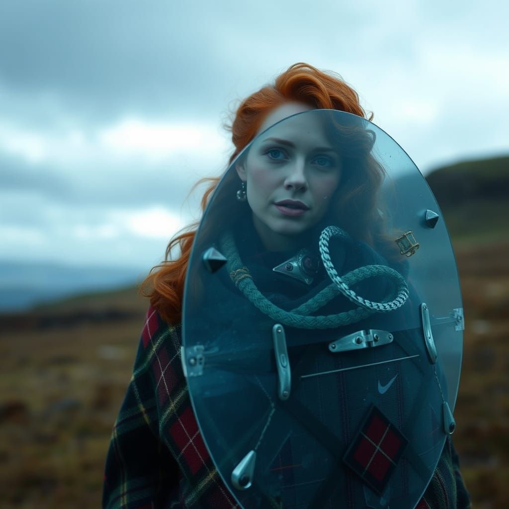 Highland Woman on Moor in Early CGI Style