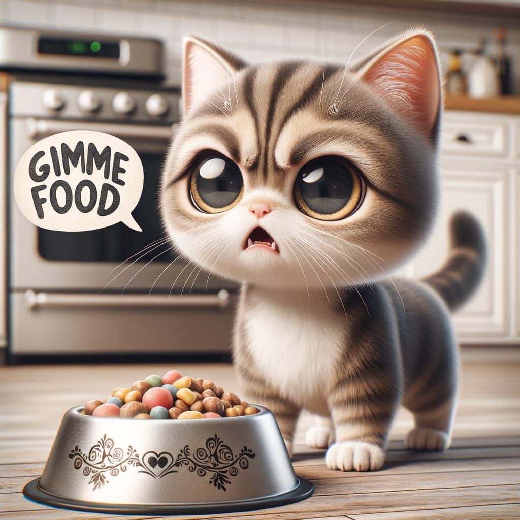 Adorable Chibi Cat Demands Food in Kitchen Setting