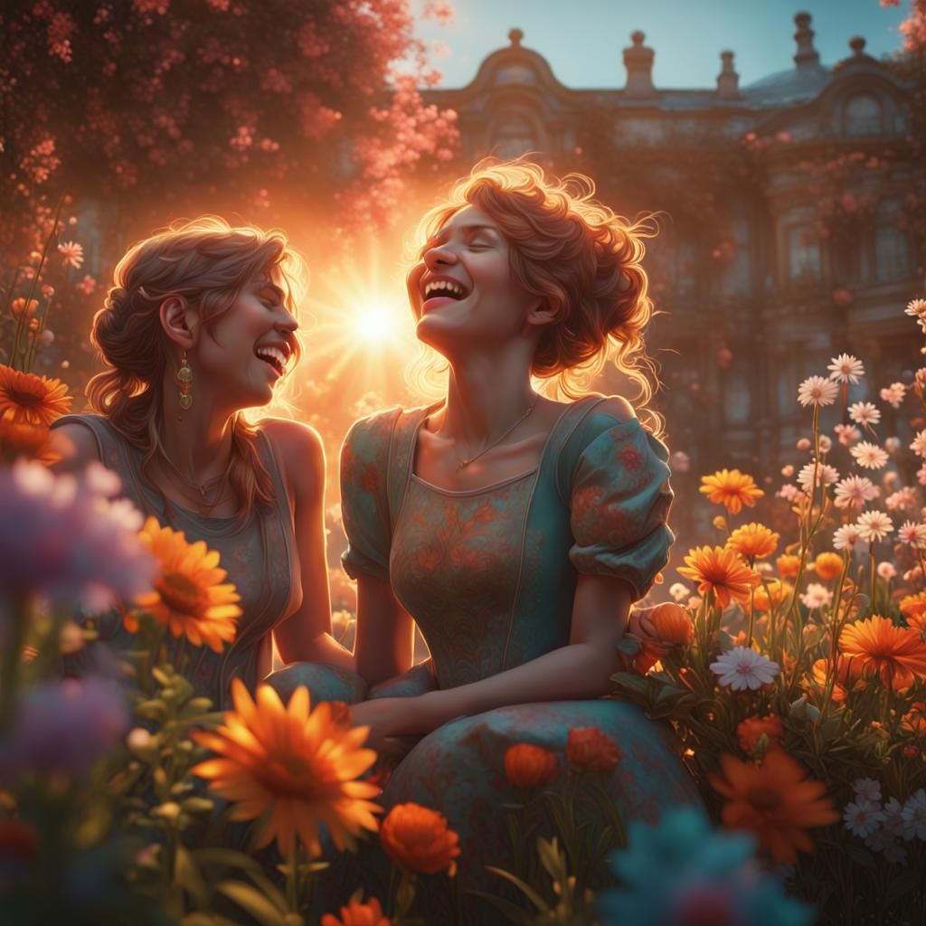 Girls Laughing in Flower Garden, Hyperdetailed Art