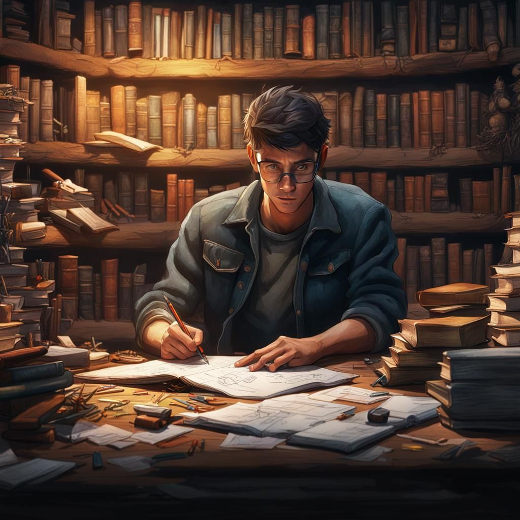 Stressed Man Scribbling Notes: Detailed Matte Painting