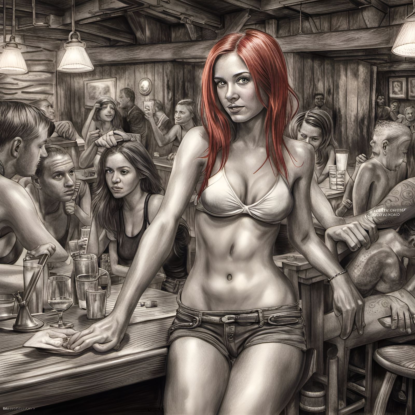 Red-Haired Girl in Tavern, Charcoal Drawing