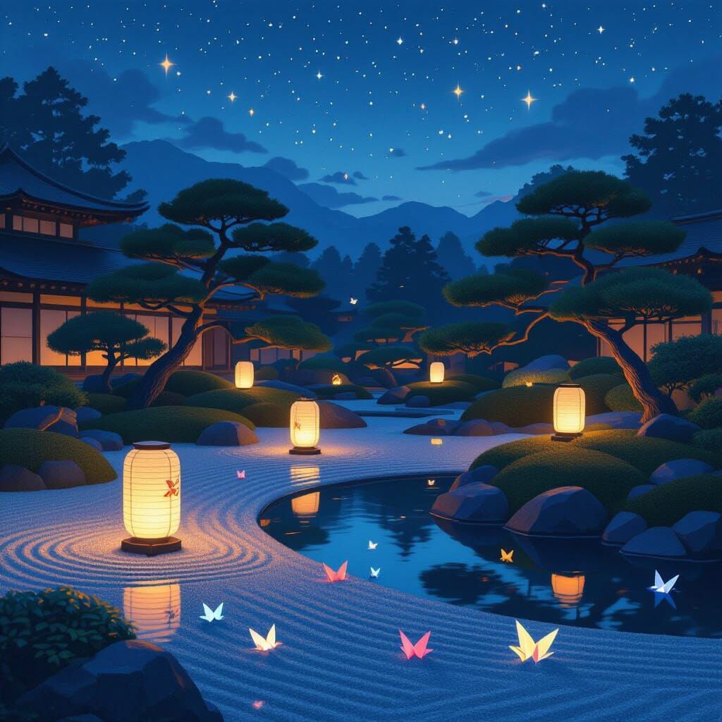 Serene Japanese Garden at Twilight with Lanterns and Bonsai