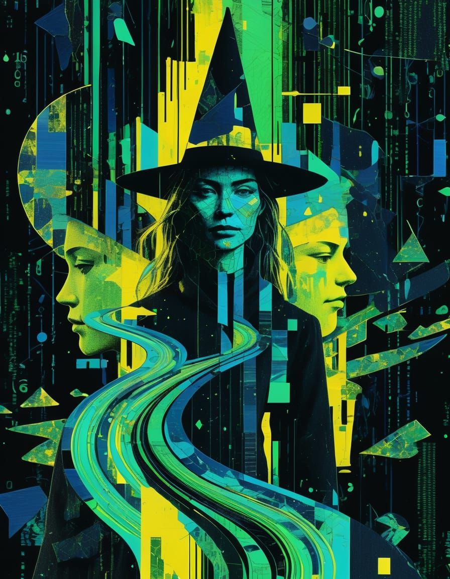 Glitchcore River Witch Silhouette in Digital Abstraction