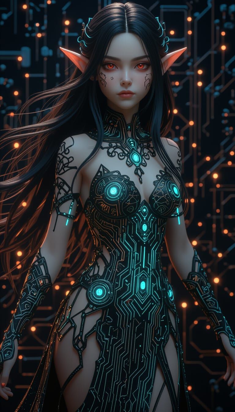 Elf Maiden with Cybernetic Dress in Cyberpunk Style