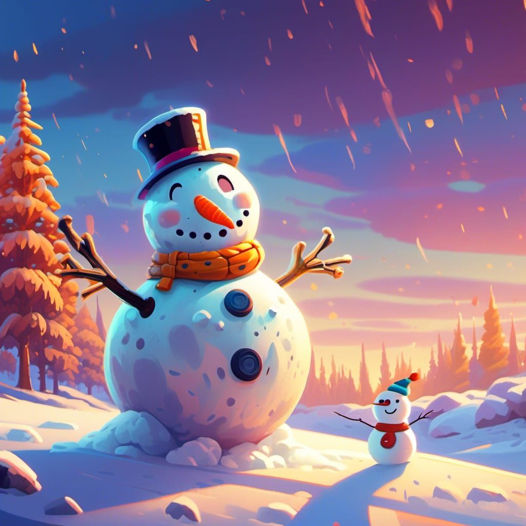 Snowman in Winter Landscape, Children's Book Illustration