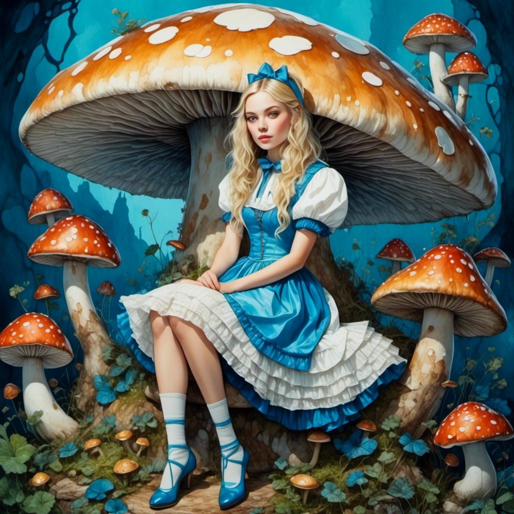 Alice in Wonderland on Mushroom, Watercolor Art