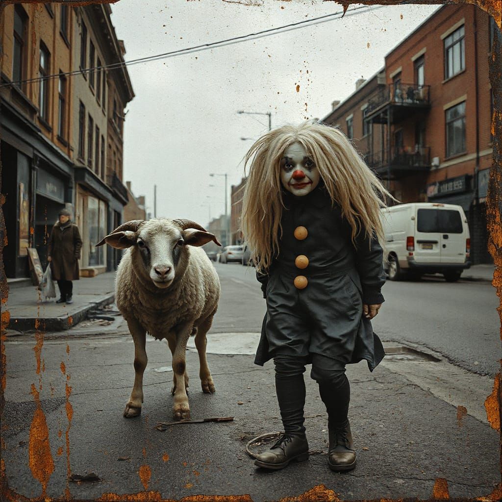 Surreal Sheep and Clown in Urban Landscape